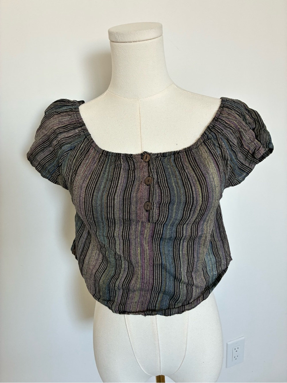 EARTHBOUND Cropped Peasant Blouse in Striped Black, Gray, Purple, Green